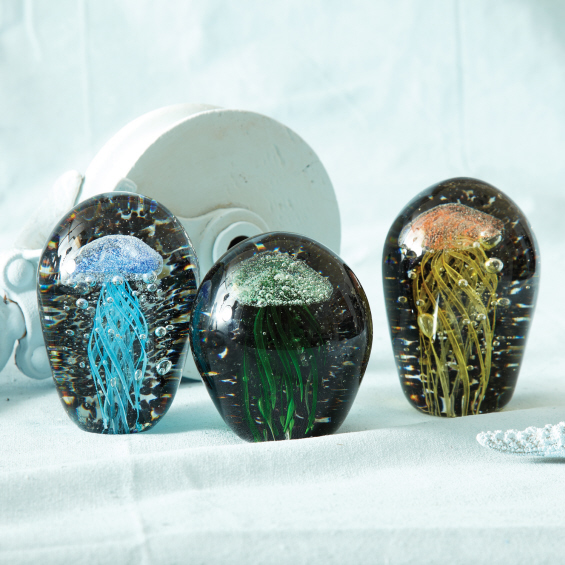 Each of these sculptures are made of handmade glass and measure approximately 6" tall